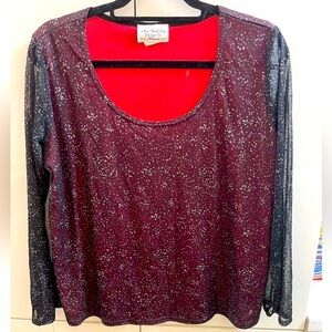New York City Design Co LINED Top Blouse Size 1X Silver Lurex Black red